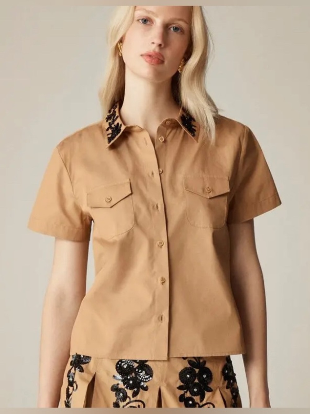J. Crew Tan Short-Sleeve Button-Down Shirt with Black Embroidered Collar